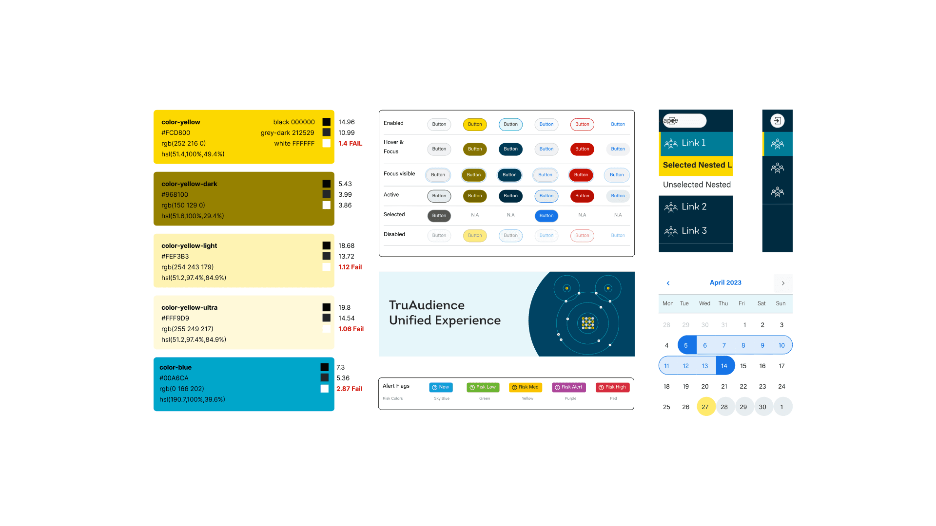 Design system accessibility audit of core colors, button states, and component contrast ratios