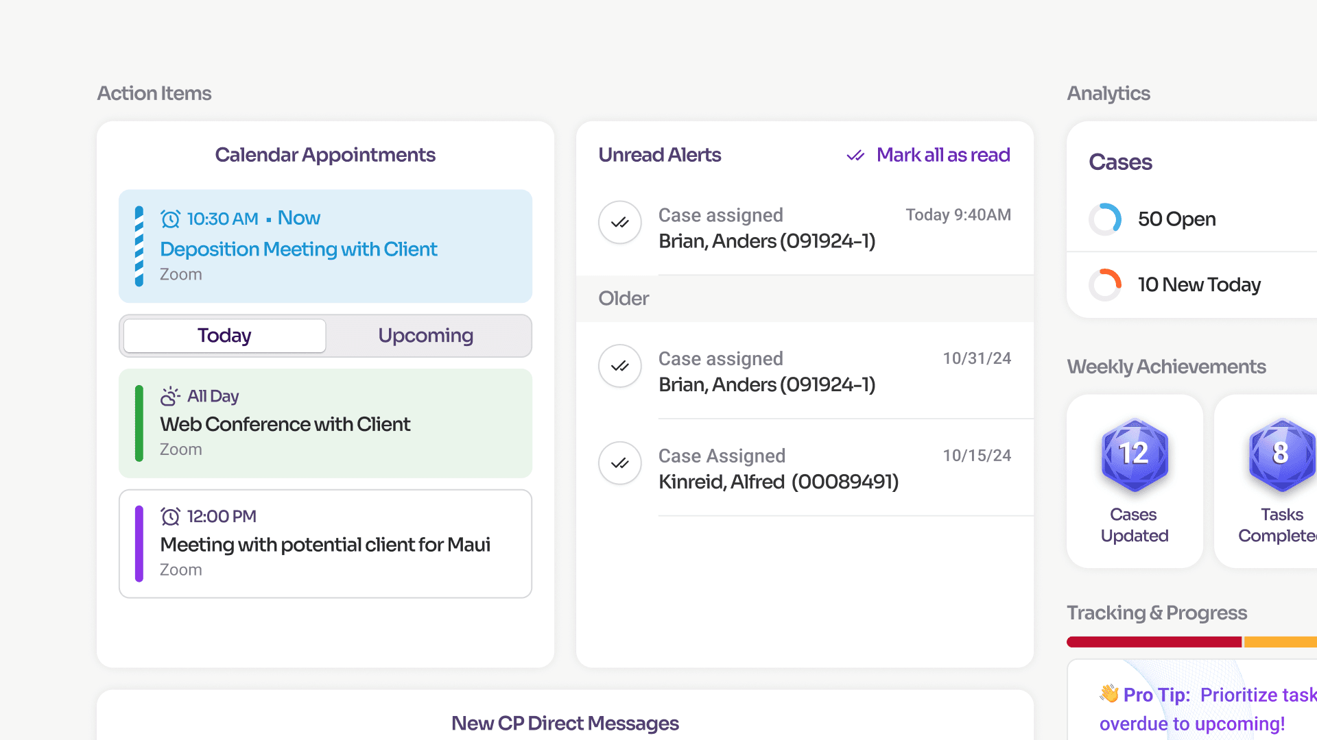 Action Items and Analytics widgets, showing calendar appointments, unread alerts, and case counts