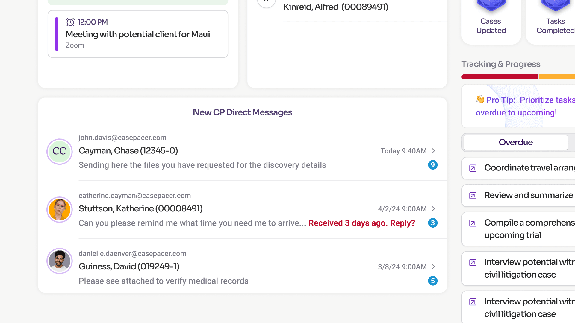 New CP Direct Messages widget listing recent client messages