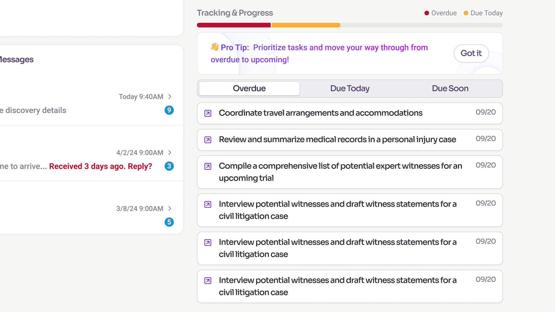 Tracking & Progress widget expanded to show overdue tasks