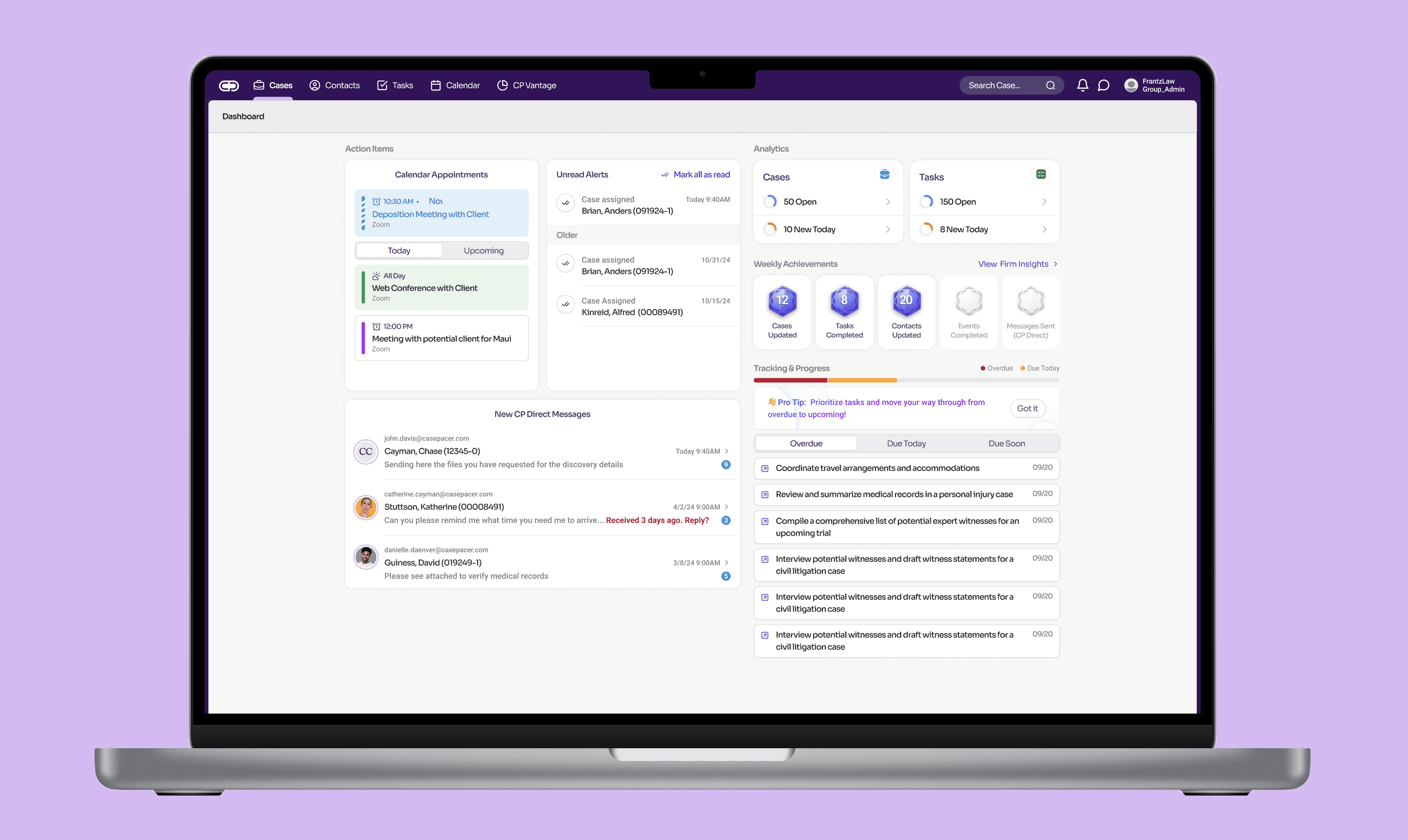 The finished Action Dashboard, shown in a laptop mockup, styled with CasePacer's design system