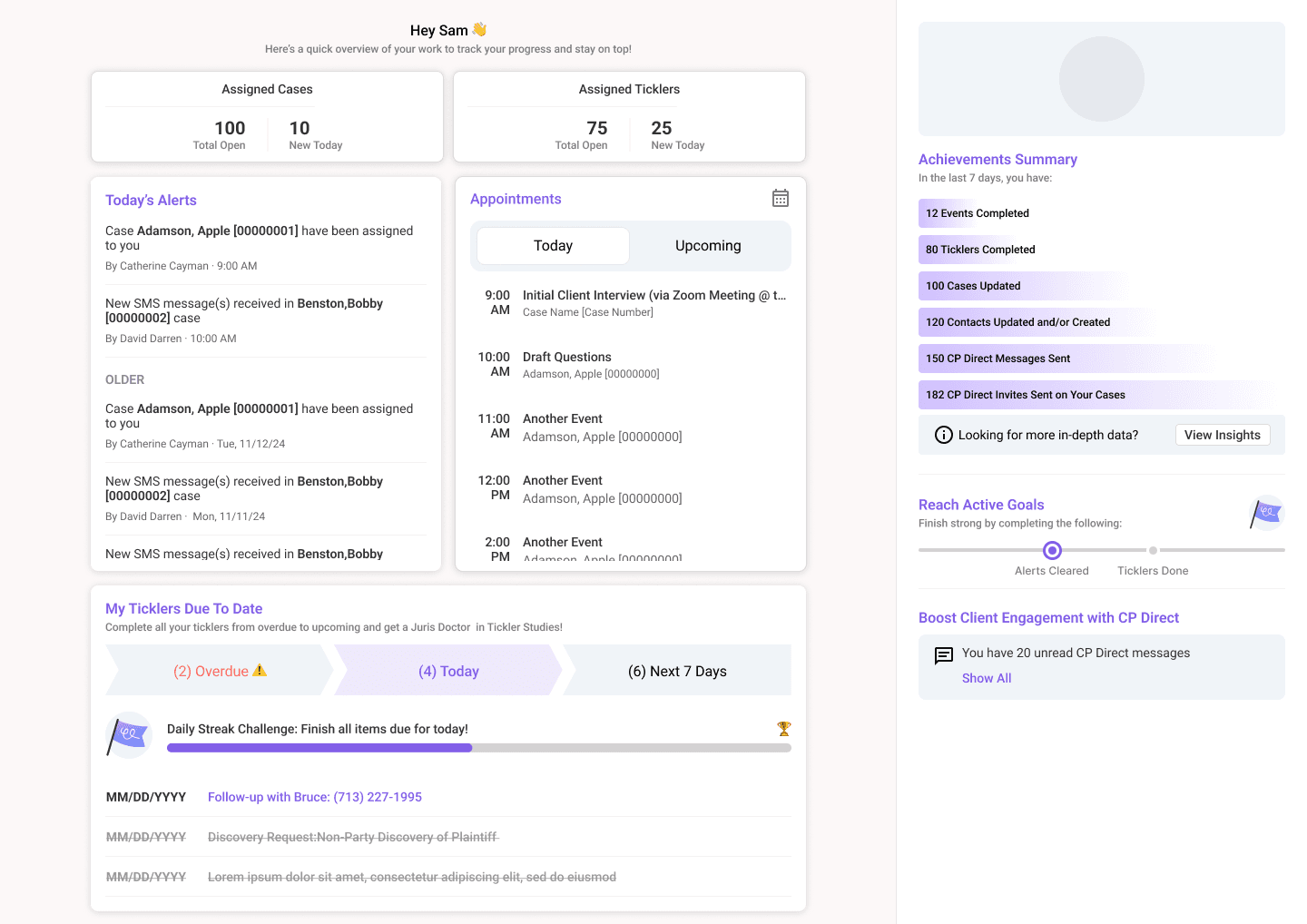 The dashboard's widget layout, including achievements summary, active goals, and CP Direct engagement