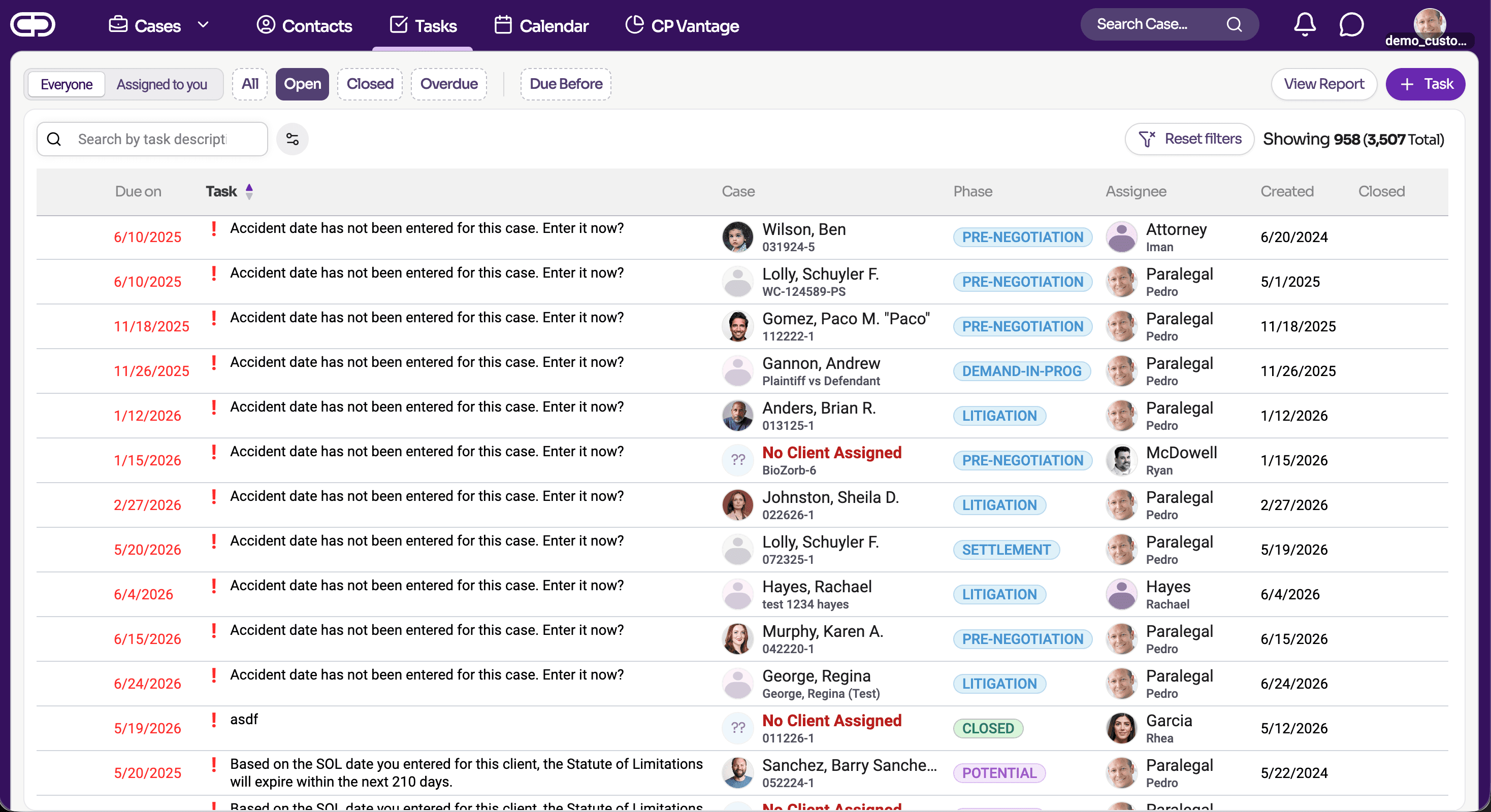The Tasks index page showing a dense, repetitive table of hundreds of case tasks